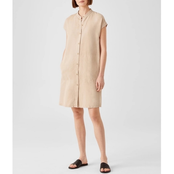 Eileen Fisher | Linen Blend Mandarin Collar Shirtdress in Khaki NEW Size XL - Picture 1 of 5